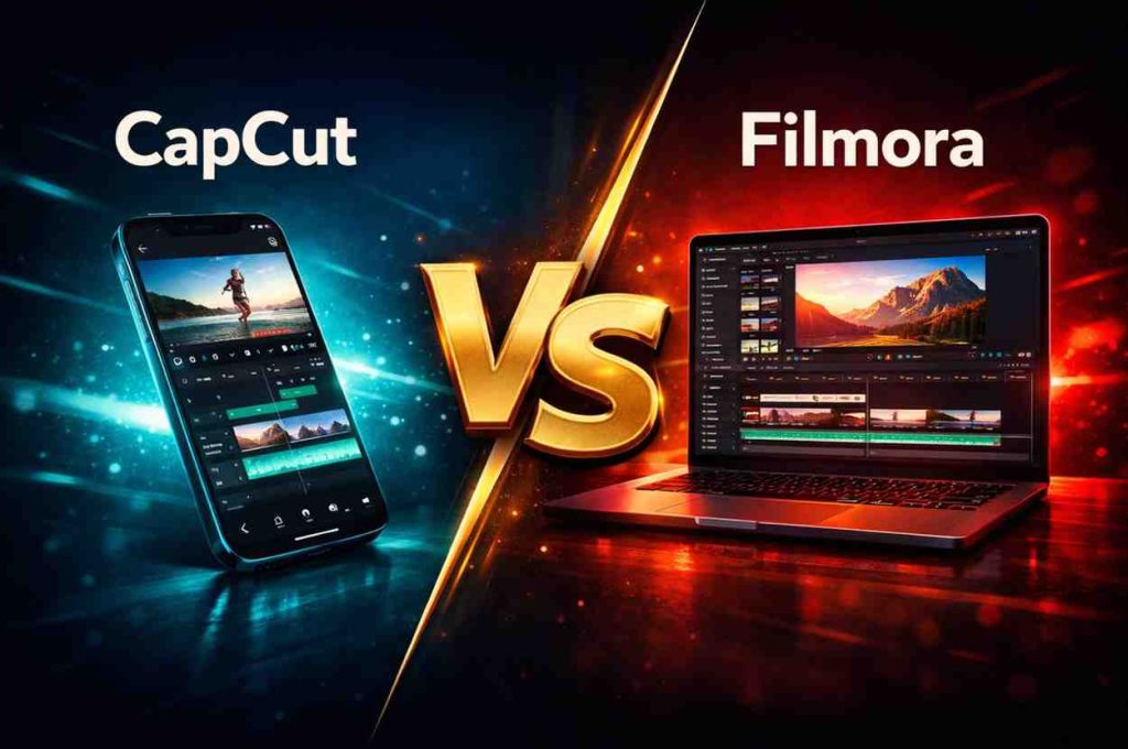 CapCut vs Filmora comparison featured image showing both video editing apps side by side