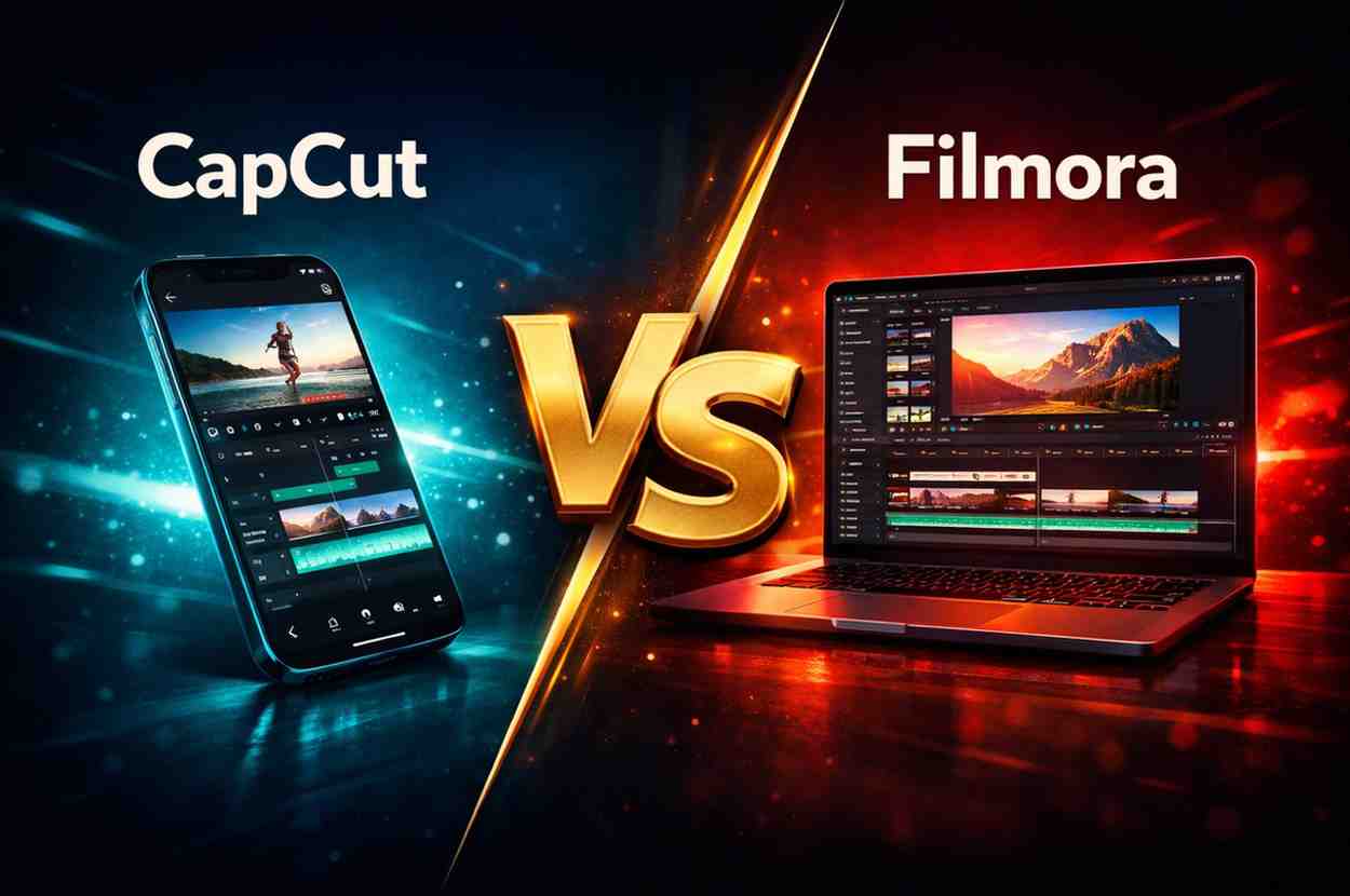CapCut vs Filmora comparison featured image showing both video editing apps side by side