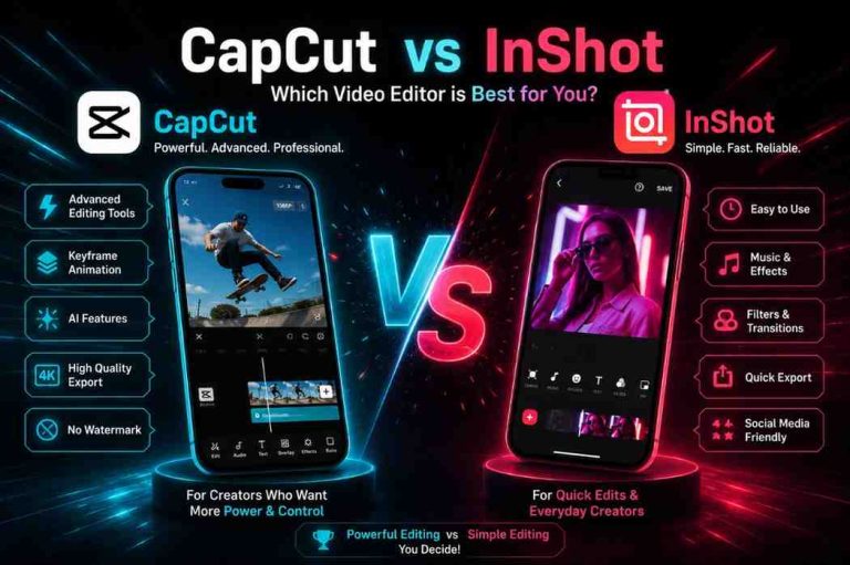 A comparison infographic of CapCut and InShot video editors showing advanced tools versus simple editing features on smartphone screens.