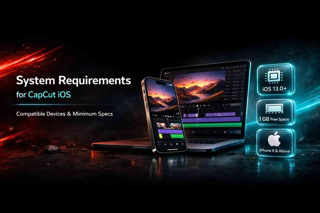 CapCut for iOS system requirements banner showing iPhone and iPad devices with minimum specs for CapCut APK download iOS users.