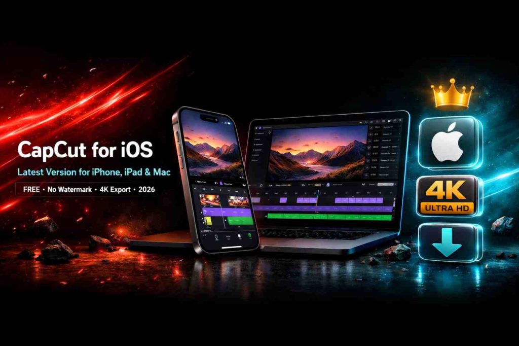 CapCut for iOS hero banner with iPhone and MacBook showing CapCut video editing interface in 4K ultra HD.