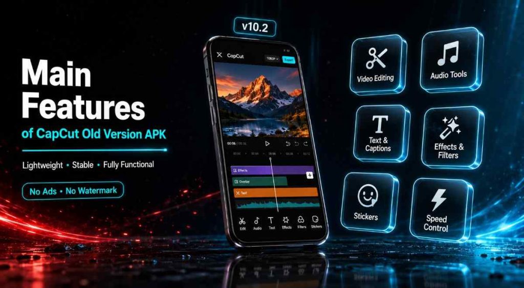 Main features of CapCut Old Version APK - Video editing, audio tools, text captions, effects, filters, stickers and speed control