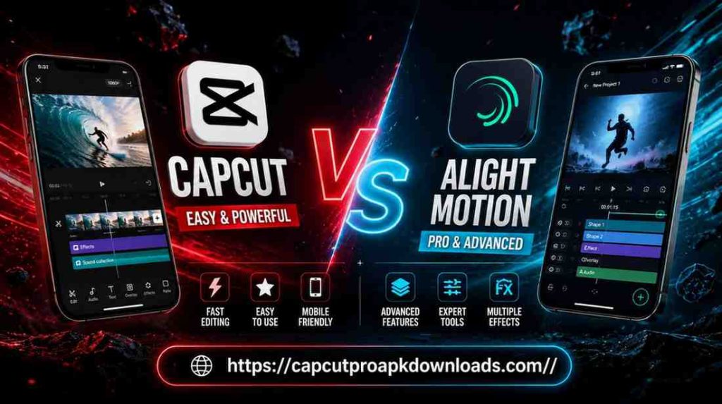 CapCut vs Alight Motion comparison showing mobile video editing apps with features, effects, and animation tools differences for creators in 2026.