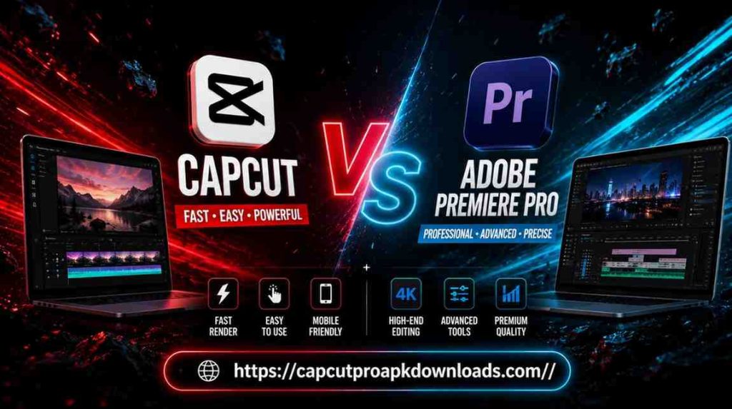 CapCut vs Adobe Premiere Pro comparison showing mobile video editing app versus professional desktop editing software with advanced features and workflow differences in 2026.