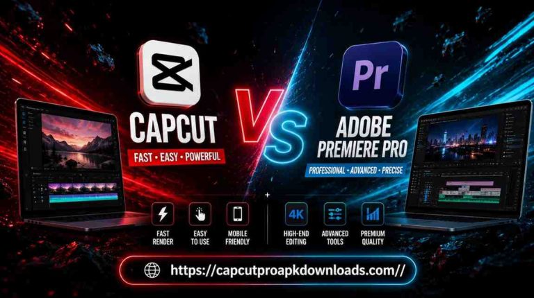 CapCut vs Adobe Premiere Pro comparison showing mobile video editing app versus professional desktop editing software with advanced features and workflow differences in 2026.