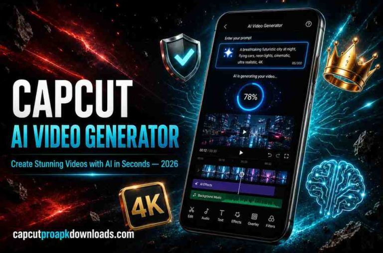 CapCut AI video generator 3-step process showing enter prompt screen, AI generating screen and export and share screen.