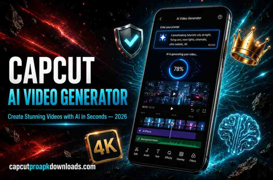CapCut AI video generator 3-step process showing enter prompt screen, AI generating screen and export and share screen.