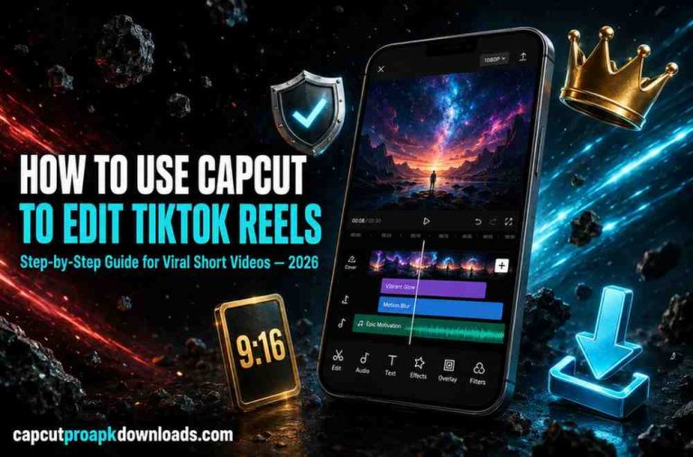 CapCut TikTok reels editing guide showing smartphone video editor with timeline tracks and 9:16 format badge.